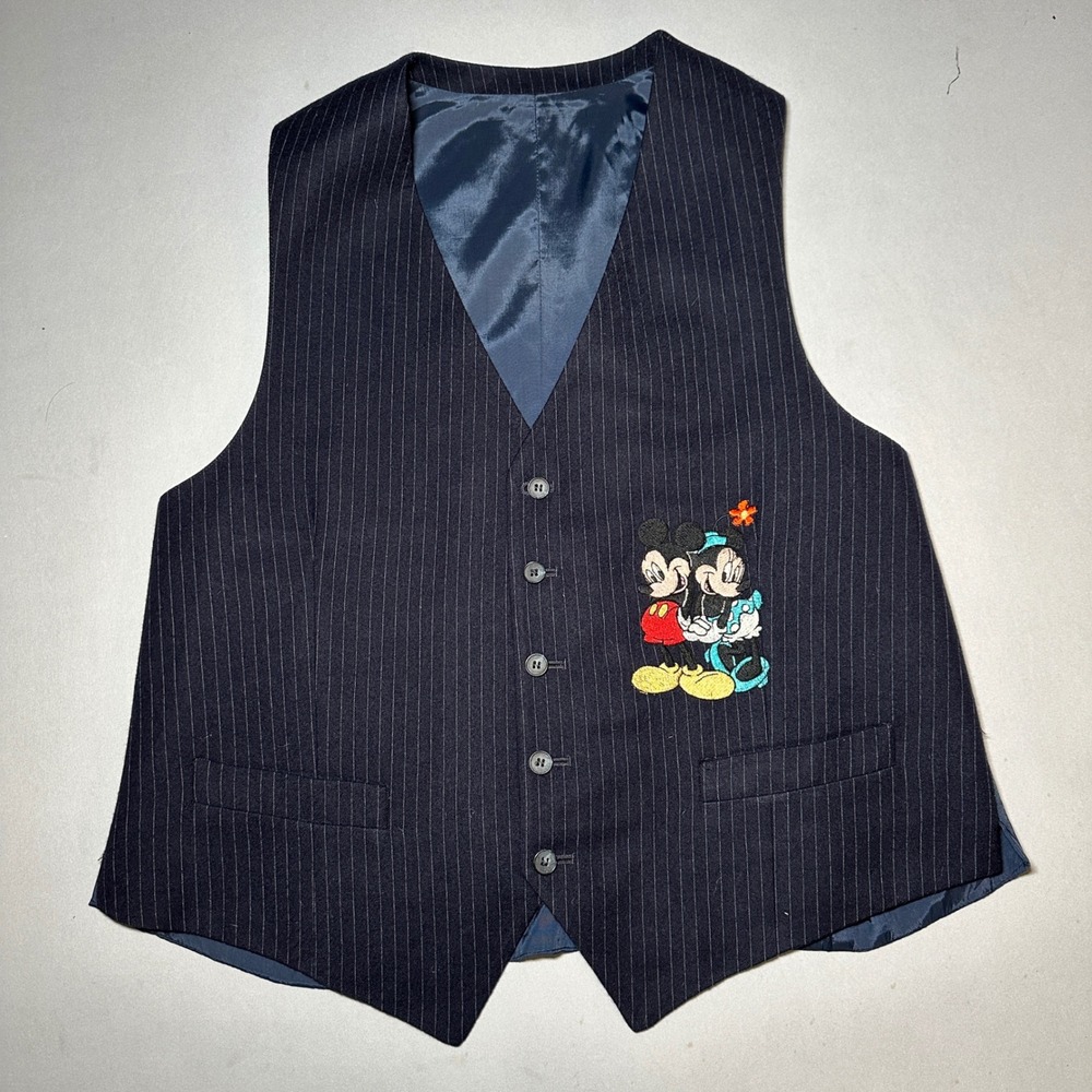 VTG Too‎ Cute Mickey Minnie Mouse Vest Mens Medium Navy Wool Embroider Disney 94